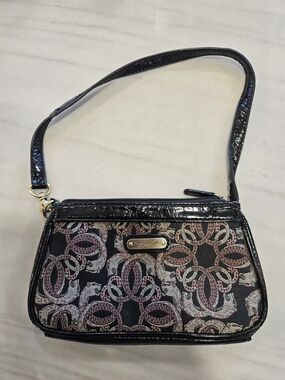 Vintage 80s Sharif Black Mini Shoulder Bag with Metallic Pink & Silver Pattern